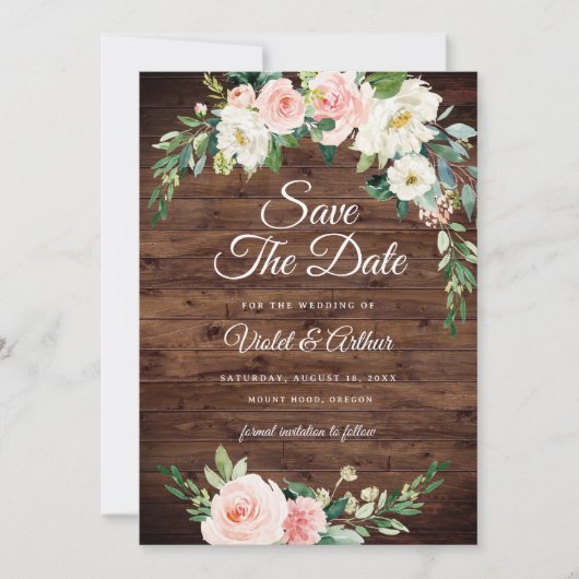 Hout Blush Bloemen Krans Trouwen Save The Date Kaart (Voorkant)