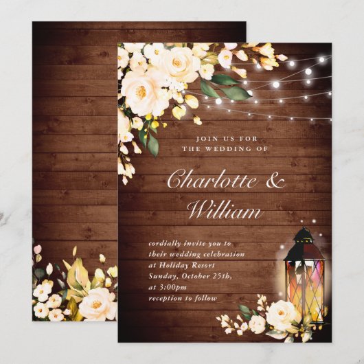 Hout & Blush Rozen & Lantaarn Aquarel bruiloft Kaart (Voorkant / Achterkant)