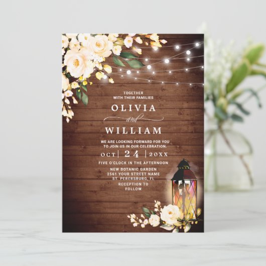 Hout Blush Rozen Lantern Rustic Waterverf bruiloft Kaart (Staand voorkant)