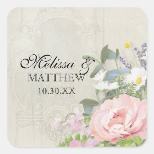 Hout  Bohemian Rustial Floral Pink Peony Vierkante Sticker
