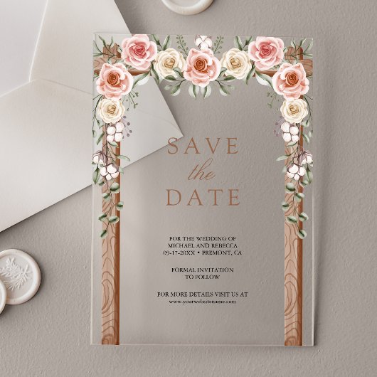 Hout Boho Floral Canopy Wedding Save the Date Acryl Uitnodigingen