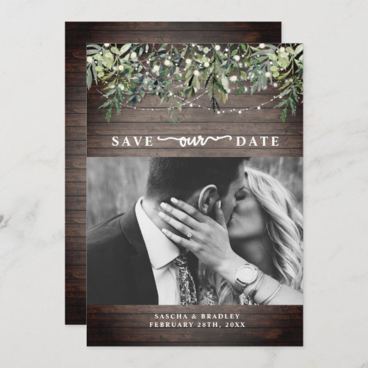 Hout Botanical String Lights Photo Wedding Save The Date (Voorkant / Achterkant)