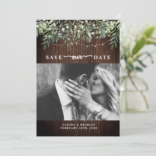 Hout Botanische String Lights Foto Save The Date (Staand voorkant)
