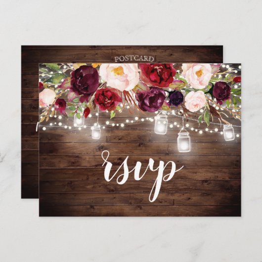 Hout Bourgogne Bloemen Mason Jar String Lights RSV Uitnodiging Briefkaart (Voorkant / Achterkant)