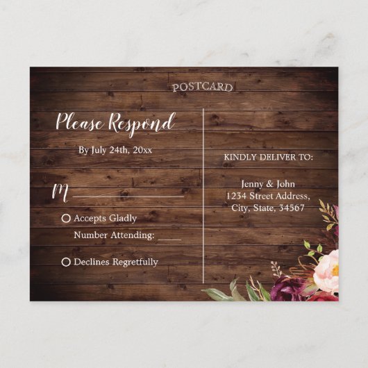 Hout Bourgogne Bloemen Mason Jar String Lights RSV Uitnodiging Briefkaart (Achterkant)