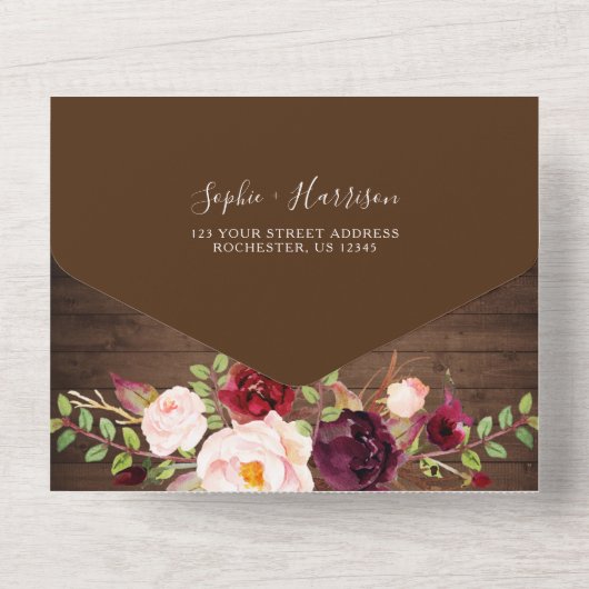 Hout Bourgogne Floral licht rotsvast overal in  All In One Uitnodiging (Achterkant)