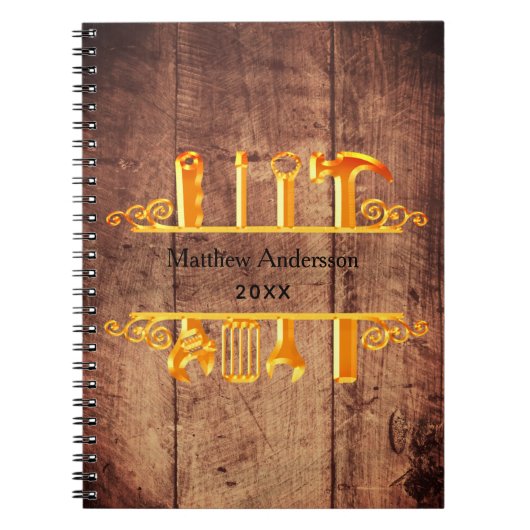 Hout bruin goud gereedschap thuisreparaties bedrij notitieboek (Voorkant)