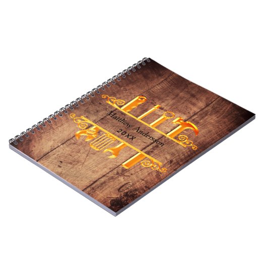 Hout bruin gouden gereedschap thuis reparaties bed notitieboek (Linkerzijde)
