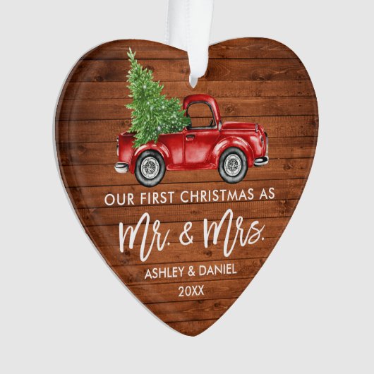 Hout Brush Script First Kerstmis Truck Heart Ornament (voorkant)