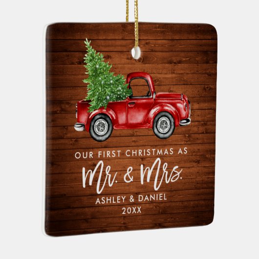 Hout Brush Script Red Truck First Kerstmis Sq Keramisch Ornament (Rechts)