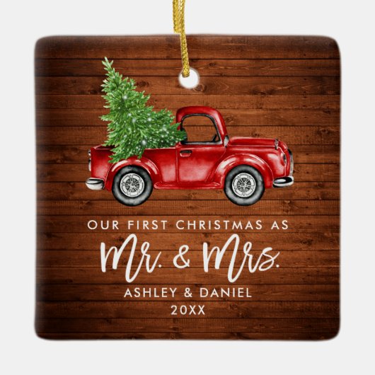 Hout Brush Script Red Truck First Kerstmis Sq Keramisch Ornament (Voorkant)