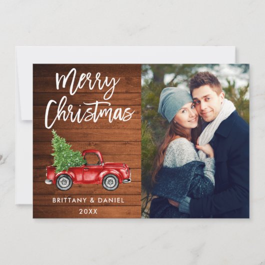 Hout Brush Script Truck Couple Photo Kerstmis Feestdagenkaart (Voorkant)