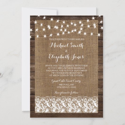 Hout Burlap Lace Rustic Wedding Invitting Kaart (Voorkant)