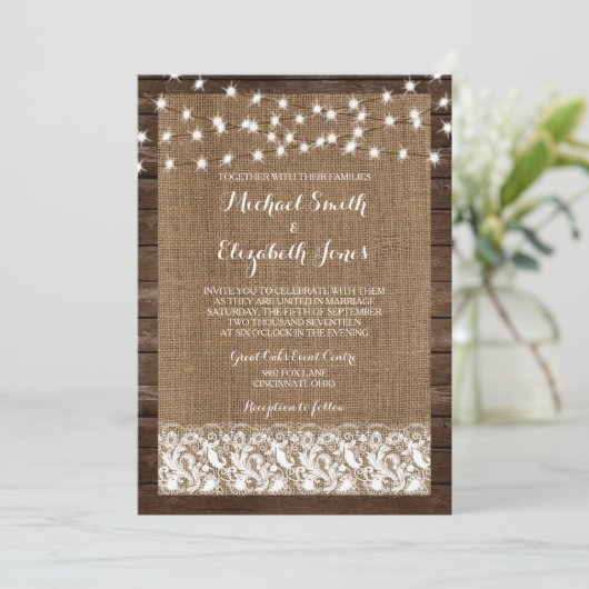 Hout Burlap Lace Rustic Wedding Invitting Kaart (Staand voorkant)