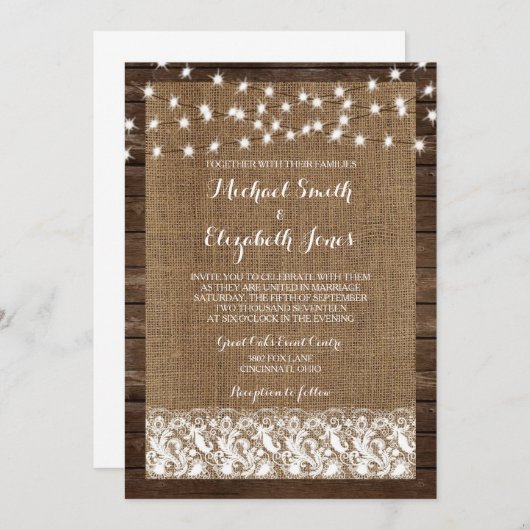 Hout Burlap Lace Rustic Wedding Invitting Kaart (Voorkant / Achterkant)