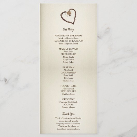 Hout, Burlap & Twine hart bruiloft programma Programmakaart (Achterkant)