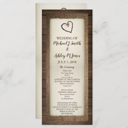 Hout, Burlap & Twine hart bruiloft programma Programmakaart (Voorkant / Achterkant)