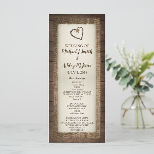 Hout, Burlap & Twine hart bruiloft programma Programmakaart (Staand voorkant)