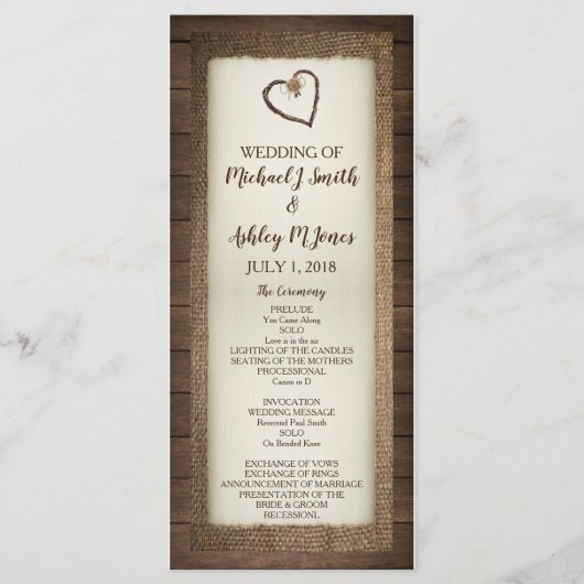 Hout, Burlap & Twine hart bruiloft programma Programmakaart (Voorkant)