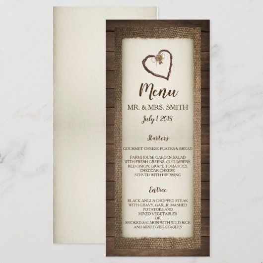 Hout, Burlap & Twine Hart Uitnodiging voor bruilof (Voorkant / Achterkant)