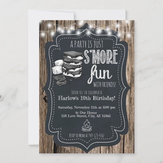 Hout Chalkboard Rustic S'mores Party Birthday Kaart (Voorkant)