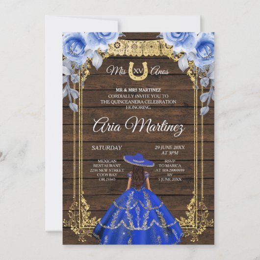 Hout Charro - Navy Rozen Princess Mis Quince Kaart (Voorkant)