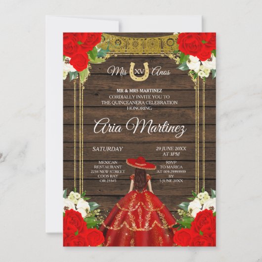 Hout Charro - Red Princess Mis Quince Invitation Kaart (Voorkant)