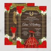Hout Charro - Red Princess Mis Quince Invitation Kaart (Voorkant / Achterkant)