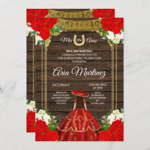 Hout Charro - Red Princess Mis Quince Invitation Kaart