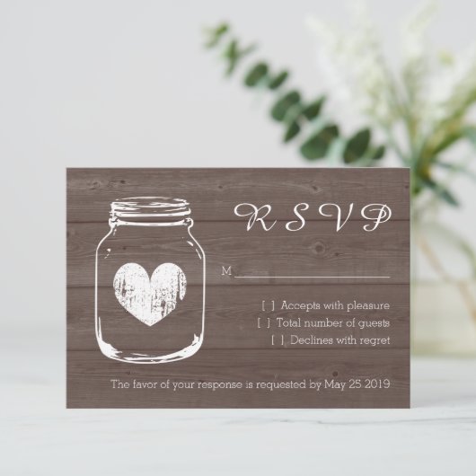 Hout country chic mason jar RSVP trouwkaarten (Staand voorkant)