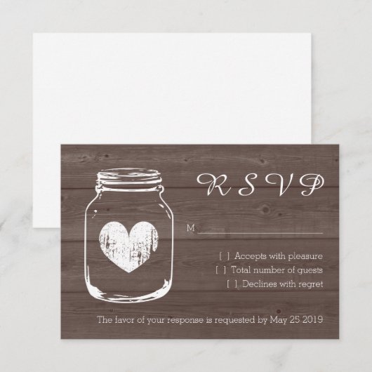 Hout country chic mason jar RSVP trouwkaarten (Voorkant / Achterkant)