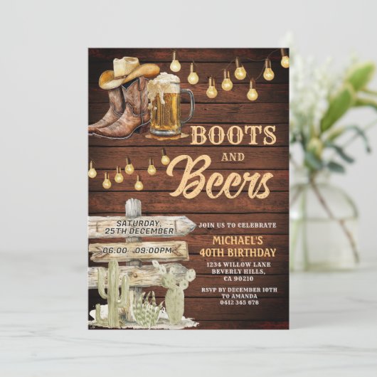 Hout Cowboy Boots & Beers Volwassen Verjaardagsfee Kaart (Staand voorkant)