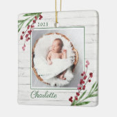 Hout Cranberry Foliage Baby Eerste kerstfoto Keramisch Ornament (Links)