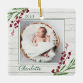 Hout Cranberry Foliage Baby Eerste kerstfoto Keramisch Ornament (Voorkant)