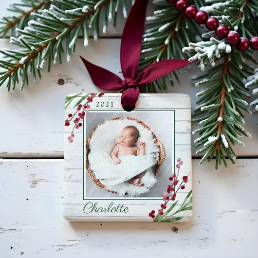 Hout Cranberry Foliage Baby Eerste kerstfoto Keramisch Ornament