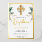 Hout Cross Boho Pampas Eucalyptus Baptisme Gold Folie Uitnodiging (Voorkant)