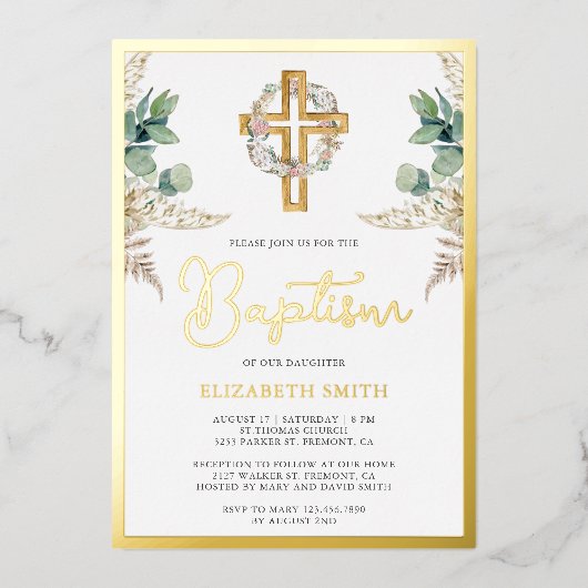 Hout Cross Boho Pampas Eucalyptus Baptisme Gold Folie Uitnodiging (Voorkant)