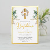 Hout Cross Boho Pampas Eucalyptus Baptisme Gold Folie Uitnodiging (Staand Voorkant)