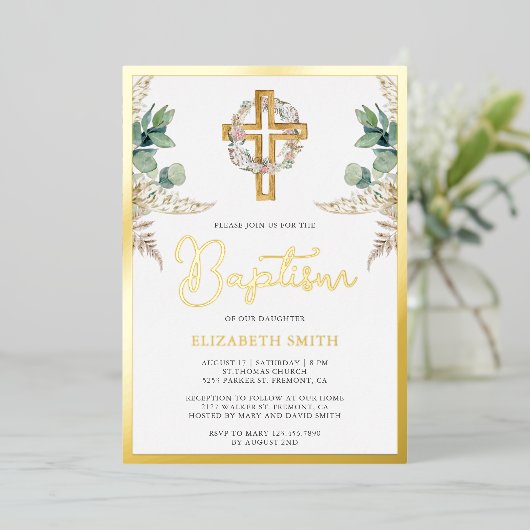 Hout Cross Boho Pampas Eucalyptus Baptisme Gold Folie Uitnodiging (Staand Voorkant)