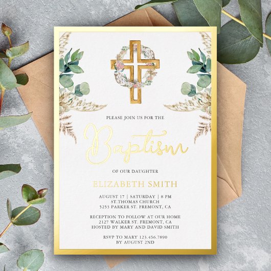 Hout Cross Boho Pampas Eucalyptus Baptisme Gold Folie Uitnodiging
