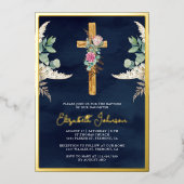 Hout Cross Boho Pampas Eucalyptus Navy Baptisme Folie Uitnodiging (Voorkant)