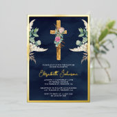 Hout Cross Boho Pampas Eucalyptus Navy Baptisme Folie Uitnodiging (Staand Voorkant)