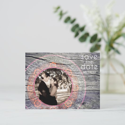 Hout - Custom Save the Date - Coral+Fushia Aankondigingskaart (Staand voorkant)
