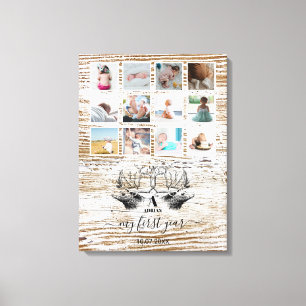 Hout Deer Baby's eerste jaar Foto Collage Canvas Afdruk
