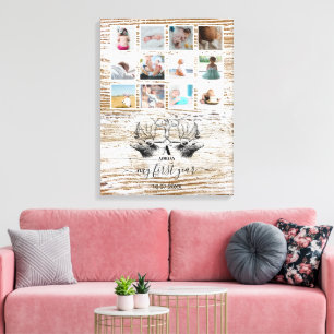 Hout Deer Baby's eerste jaar Foto Collage Canvas Afdruk