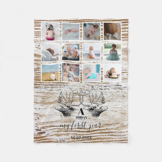 Hout Deer Baby's eerste jaar Foto Collage Fleece Deken (Voorkant)