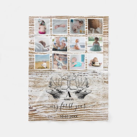 Hout Deer Baby's eerste jaar Foto Collage Fleece Deken (Voorkant)