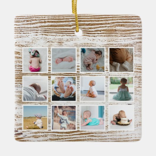Hout Deer Baby's eerste jaar Foto Collage Keramisch Ornament (Voorkant)