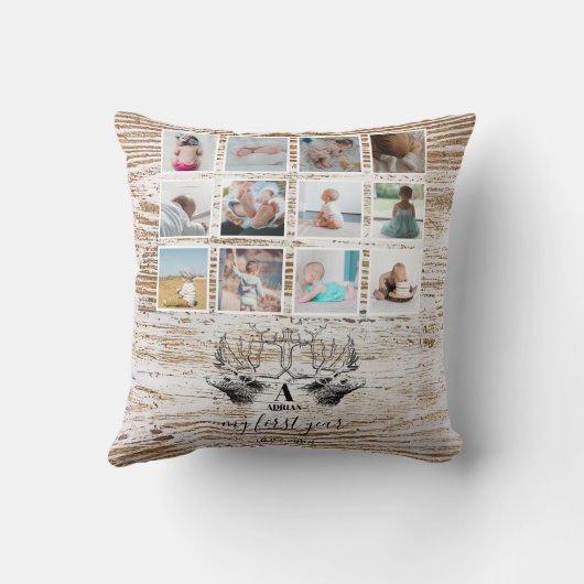 Hout Deer Baby's eerste jaar Foto Collage Kussen (Achterkant)