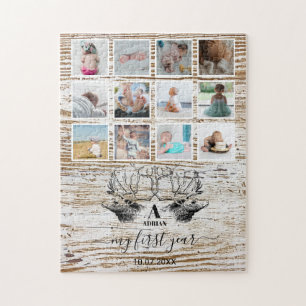 Hout Deer Baby's eerste jaar Foto Collage Legpuzzel